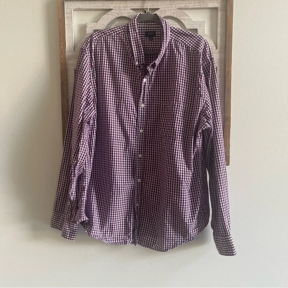 J.Crew Mens XXL Gingham Button Down Shirt Burgundy Navy Blue White Cotton